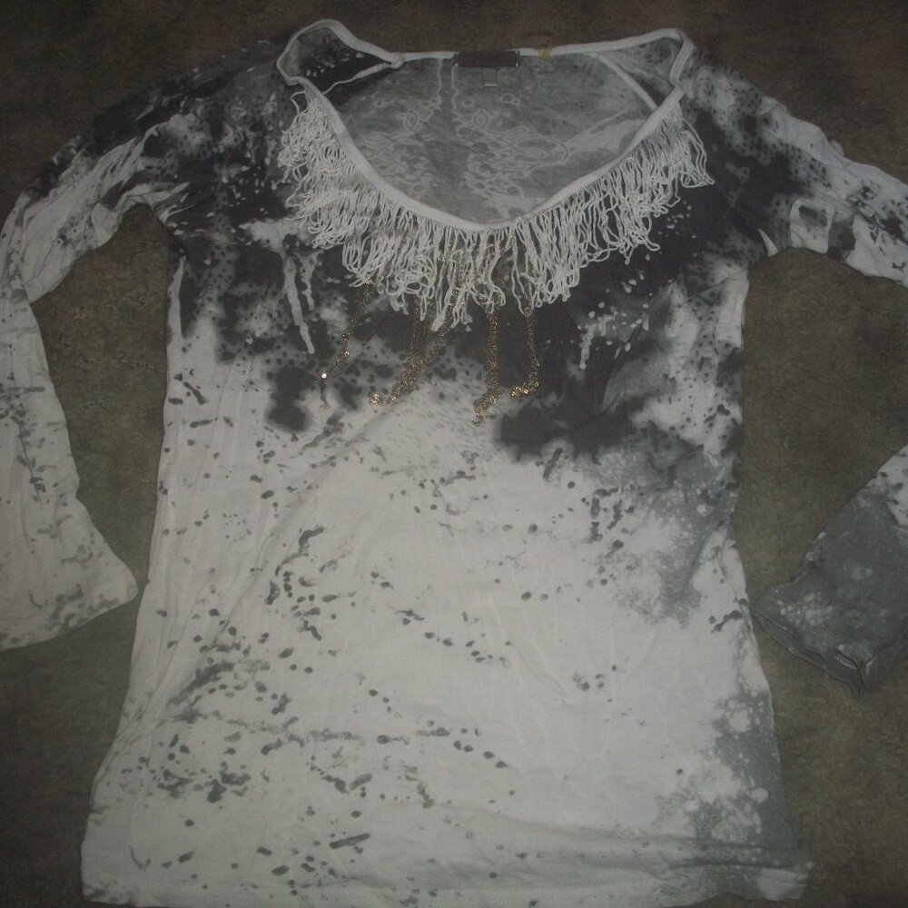 womens white fringe top.chain bling.lightweight blouse.size small